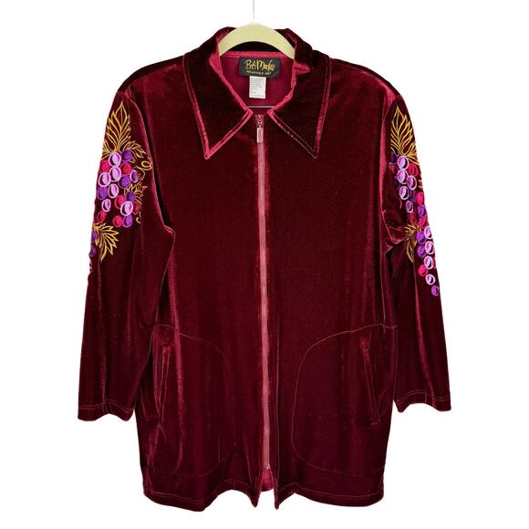 Bob Mackie Jackets & Blazers - Vtg‎ Bob Mackie Wine Red Velvet Embroidered Gape Long Sleeve Zip Top Sz Small